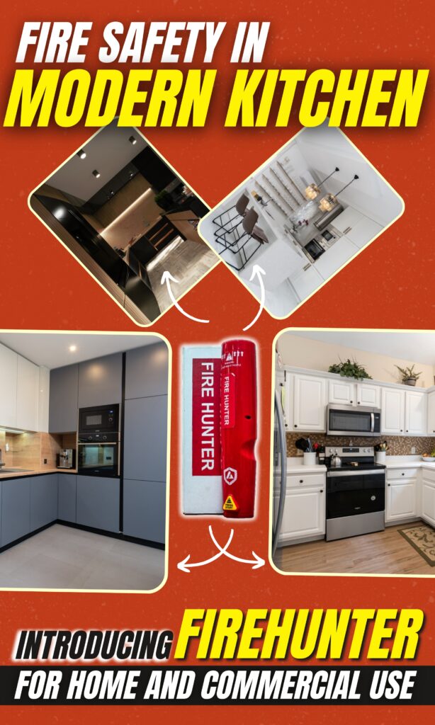 "Fire Safety in Modern Kitchen: Introducing FireHunter for Home and Commercial Use - Image featuring multiple modern kitchens and the FireHunter manual fire extinguisher. The extinguisher is showcased as an essential safety tool for various kitchen environments, emphasizing its compact size and effectiveness."